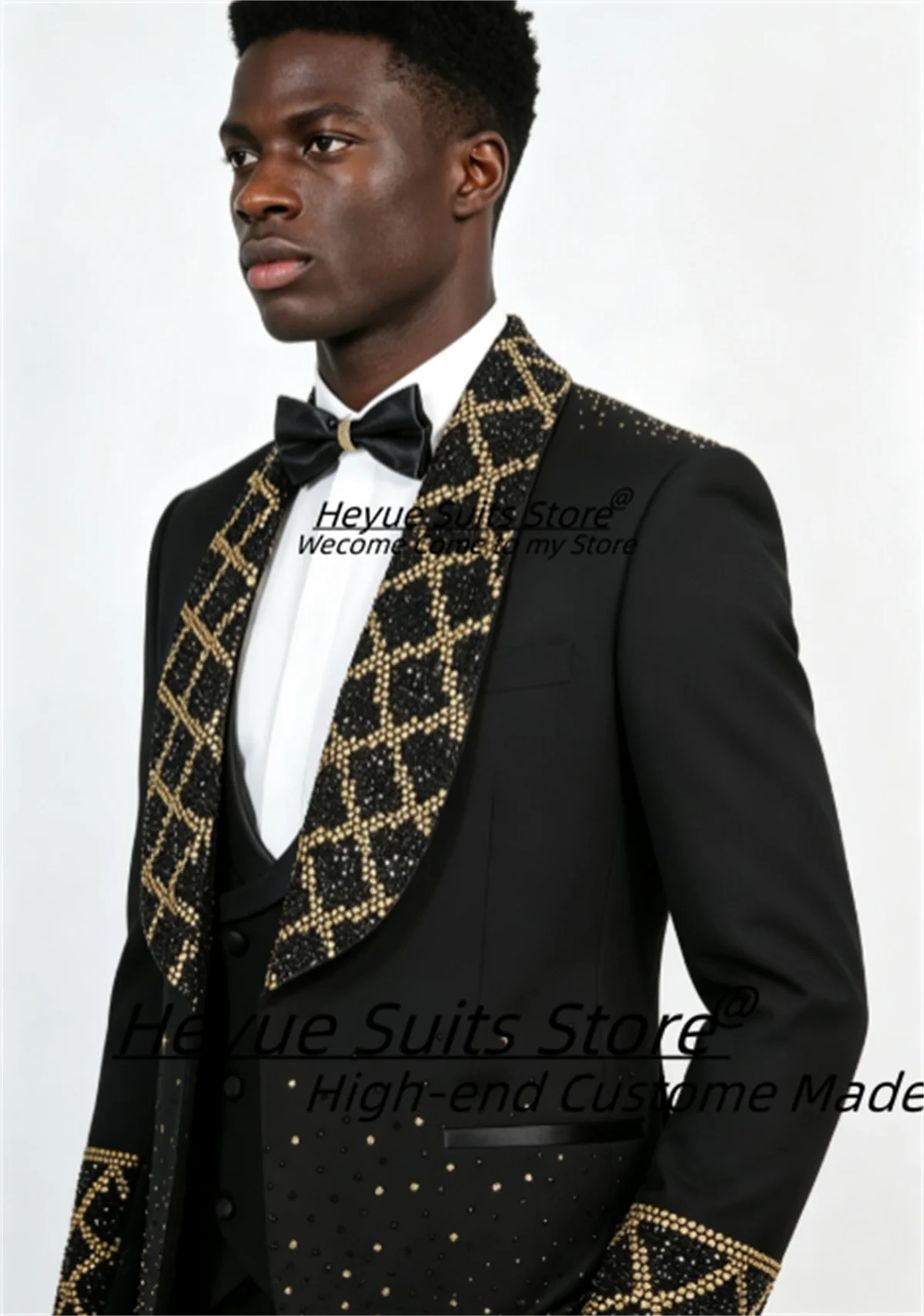 Customzied Black Gold Rhinestone Men Suits Slim Fit Shawl Lapel Grid Beaded Groom Banquet Tuxedos 2 Pieces Sets Costume Homme