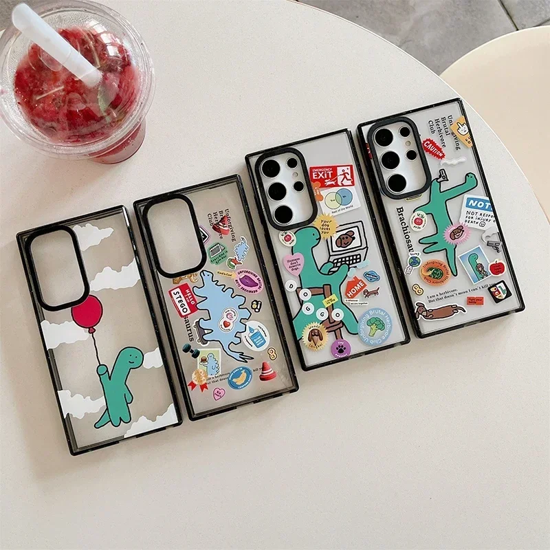 

Cute Dinosaur Acrylic Black Border Case for Samsung Galaxy S22 S23 S24 Ultra S22+ S23+ S24 Plus Cover Protective Case