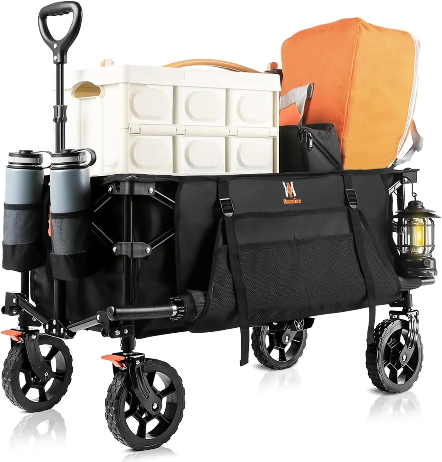 Folding Wagon, Heavy Duty Utility Beach Wagon Cart with Side Pocket and Brakes, Large Capacity Foldable Grocery Wago