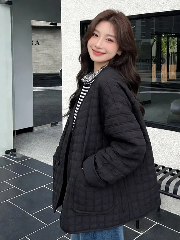 

Женская стеганая хлопковая куртка Ele Bla V-Ne Quilted: Свободный крой, теплая, весенняя, модная, универсальная, хлопковая одежда, вязаная, с длинными рукавами