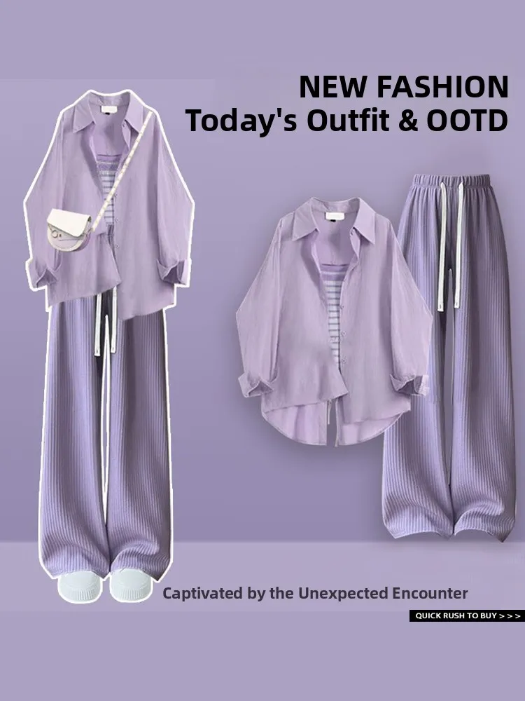 

Dopne Summer New Sle Purple irt Outerwear Sun Protection Casual Pants Tee Piece Set Slimming Strap Top Korean Version