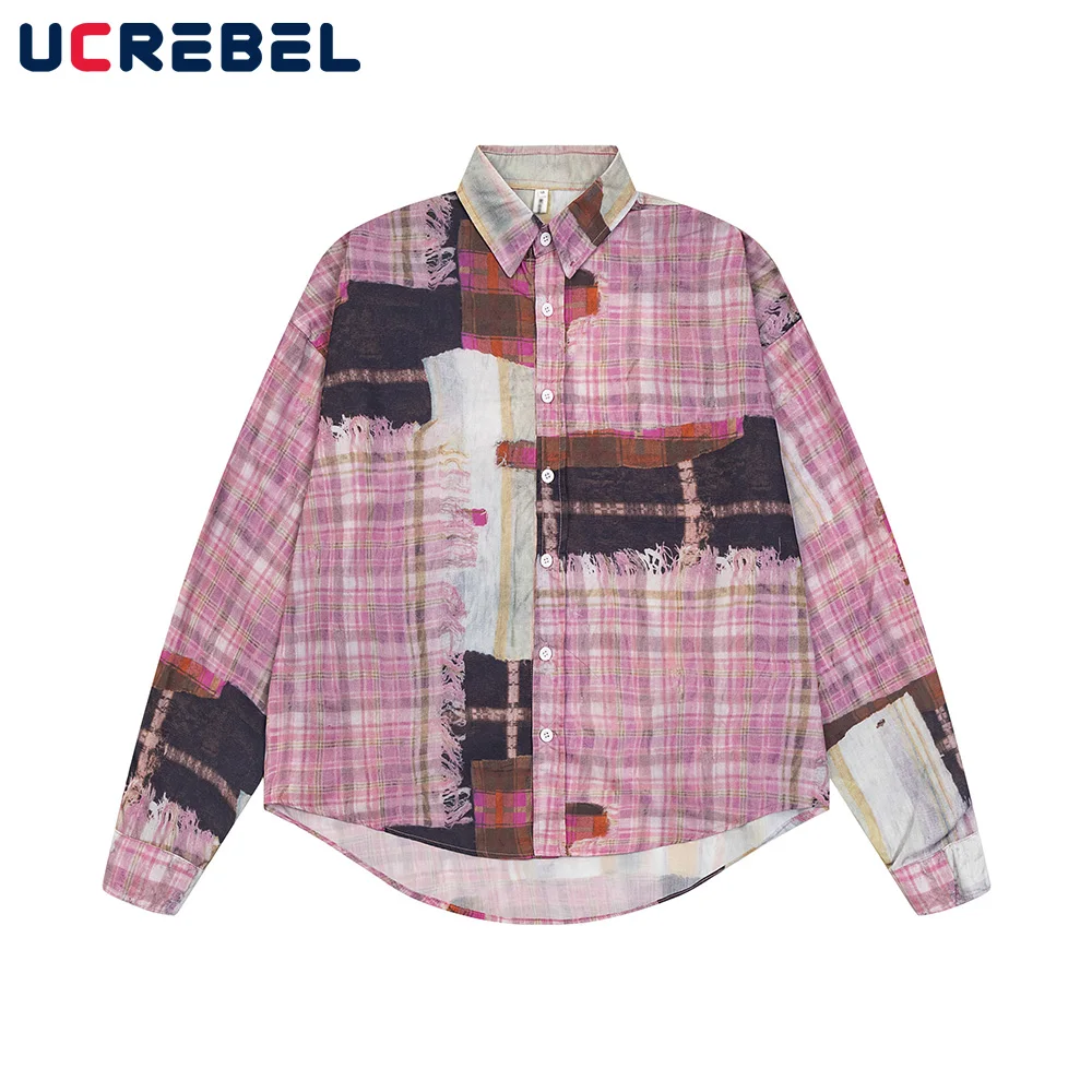 

Creative Print Plaid Shirts Mens High Street Autumn Loose Single Breasted Lapel Long Sleeve Shirts Men