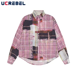 Creative Print Plaid Shirts Mens High Street Autumn Loose Single Breasted Lapel Long Sleeve Shirts Men