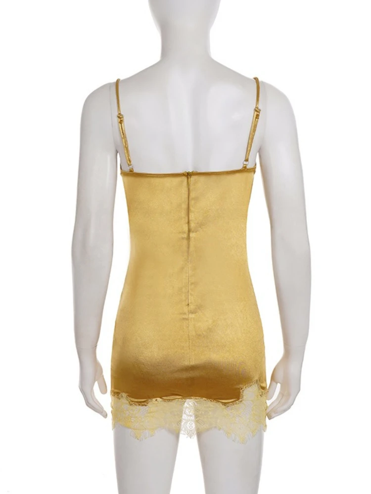 เดรสสายเดี่ยวรัดรูปทรงเข้ารูปสำหรับผู้หญิง ดีไซน์เซ็กซี่ แต่งลูกไม้ คอวีลึก แขนกุด เหมาะสำหรับฤดูร้อน แฟชั่นทันสมัย