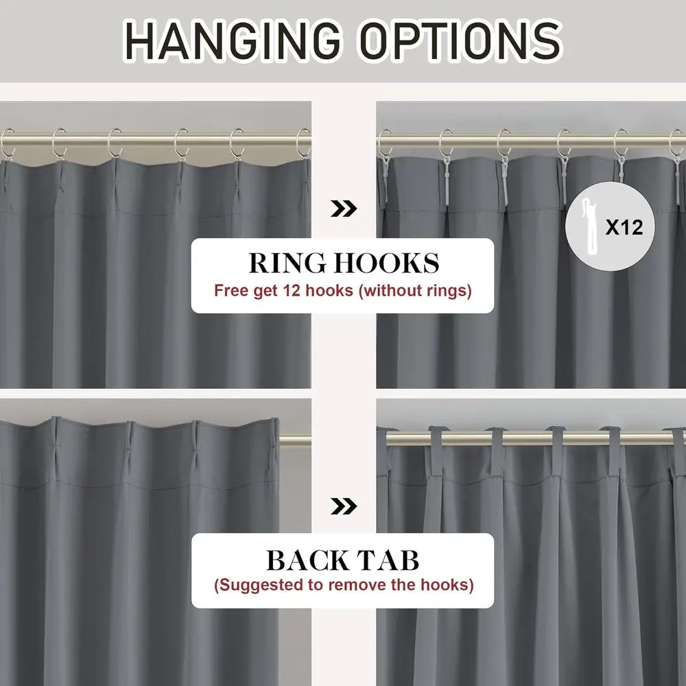 Zasłony zaciemniające termoizolacyjne 84 cali, neutralny szary z plisami i haczykami, 101 cm x 213 cm do salonu