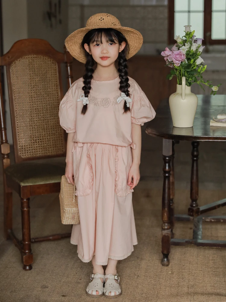 2023 Summer Girls' Casual Set Children's Rose Embroidered Bow Top+Wooden Ear Edge Pocket A-line Skirt Two Piece Set