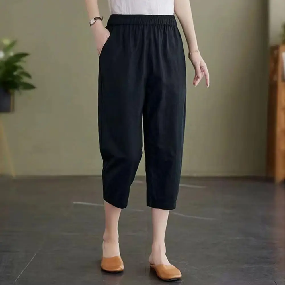 Calça harém de estilo literário feminina, elegante, meio da panturrilha, elástico na cintura, bolsos monocromáticos, recortada, roupa casual, verão