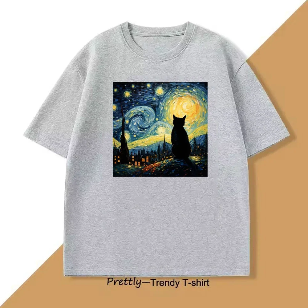 Nuit étoilée Van Gogh chat imprimé T-shirt 2025 femmes hommes été décontracté ample drôle mode col rond à manches courtes haut T-shirt