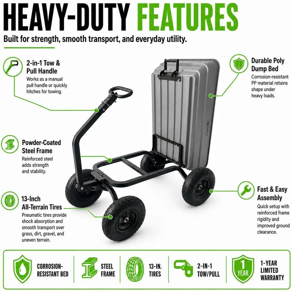 Heavy-Duty 1000 lb Capacity Poly Dump Cart with 6 Cubic Ft Bed and 13-Inch Pneumatic Tires