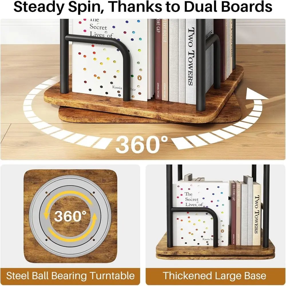 5 estantes 360 °   Librería giratoria de madera para espacios compactos, ideal para almacenamiento en el hogar y la oficina