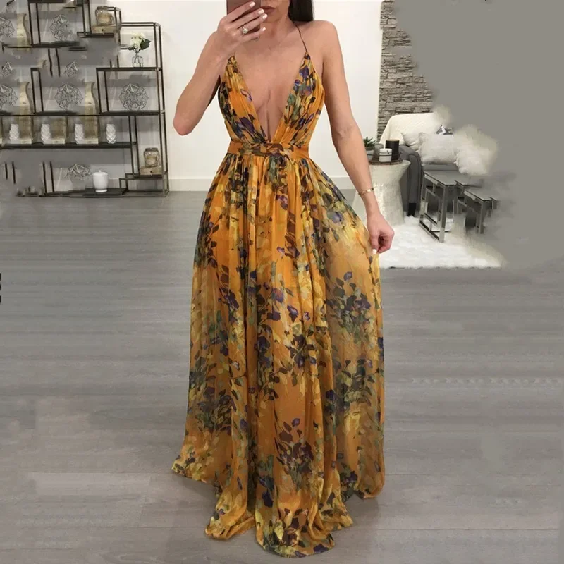 فستان طويل نسائي مثير بطبعة زهور ، بوهو فضفاض ، رقبة عميقة على شكل حرف V ، طويل ، فساتين طويلة ، أنيقة ، عارية الذراعين ، متقاطعة الظهر ، أحزمة ، عطلة ، شاطئ ، صيف