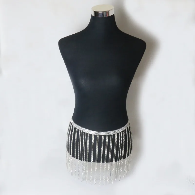 Iced Rhinestone Long Tassel Belly Chain Sexy Skirt Fashion Jewelry Waist Body Chain Fringe Adjustable Bikini Skirt Summer Gift