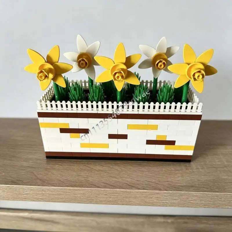 653PCS Daffodil Window Box Flower Plant Building Blocks MOC Garden Decoration Model DIY Creative Assembly Home Decor Educational
