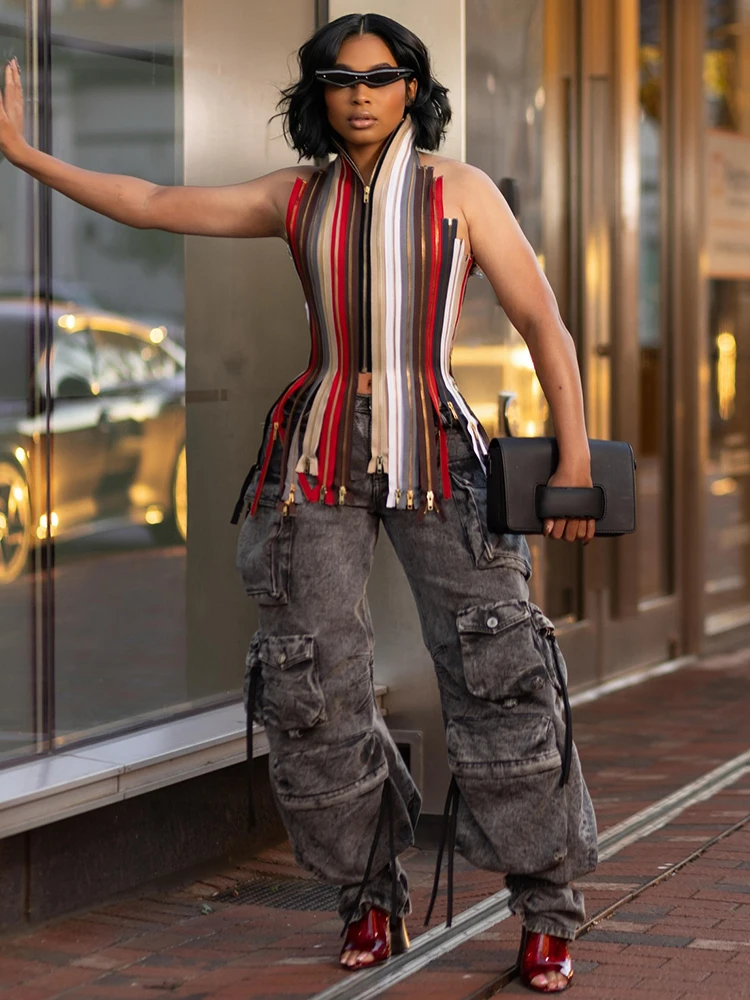

Nibber Backless Irregular Hem Tank Tops Woman Colorful Stripe Halter Multiple Zip Design Bandage High Street Hip-Hop Style Vests