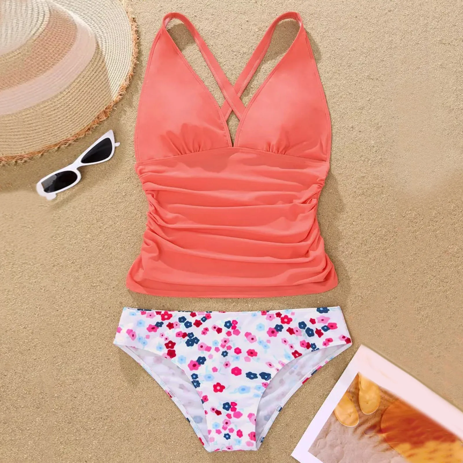 Women\'S Floral Print Swimsuits V Neck Tankini Set Cute Split Swimsuit Female Beach Swimming Suits Conservative купальник