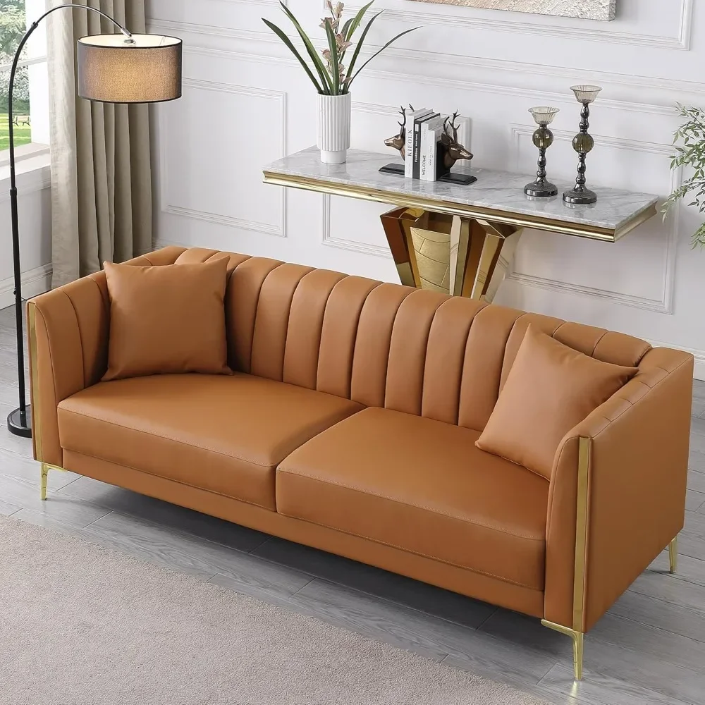 78'' Sofa, with 2 Throw Pillows and Gold Metal Legs, 3 Seater Deep Seat Sofas, Comfy Faux Leather Sofa