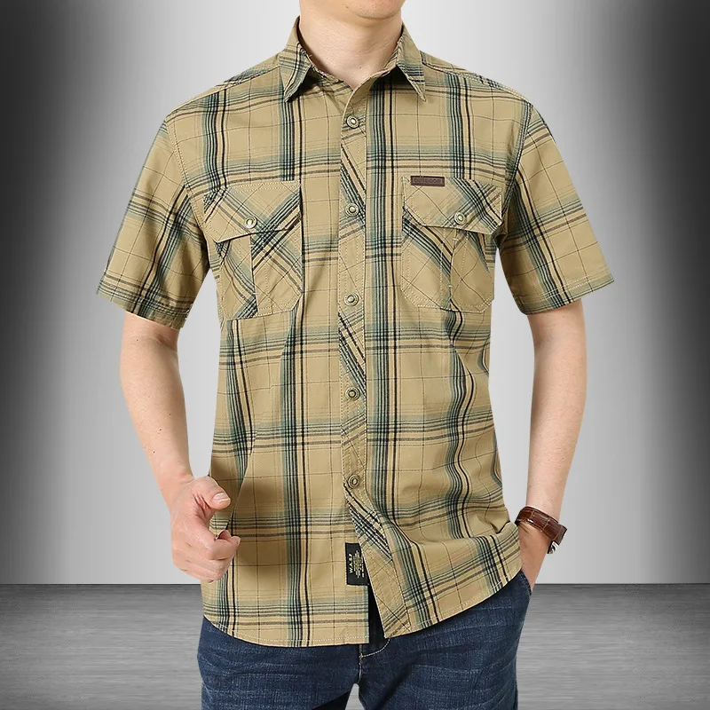 

Summer Military Plaid Shirts Men Casual Cotton Single Breasted Short Sleeve Chemise Homme Cargo Shirt Plue Size Ze