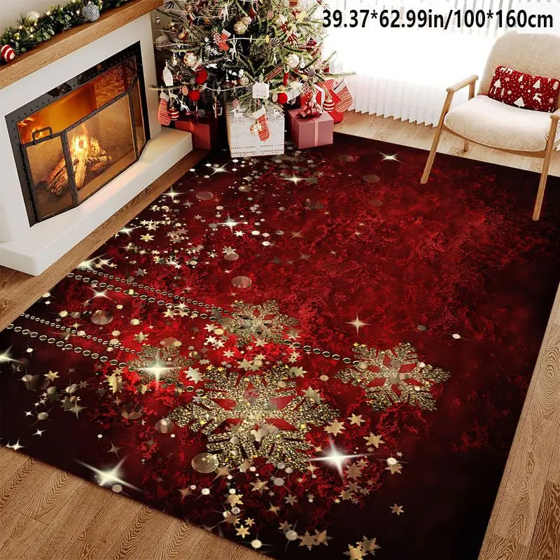 VIKAMA Burgundy Gold Sparkle Snowflake Rug Non Slip Area Rug Living Room Bedroom Floor Mat Winter Holiday Xmas Party Decor