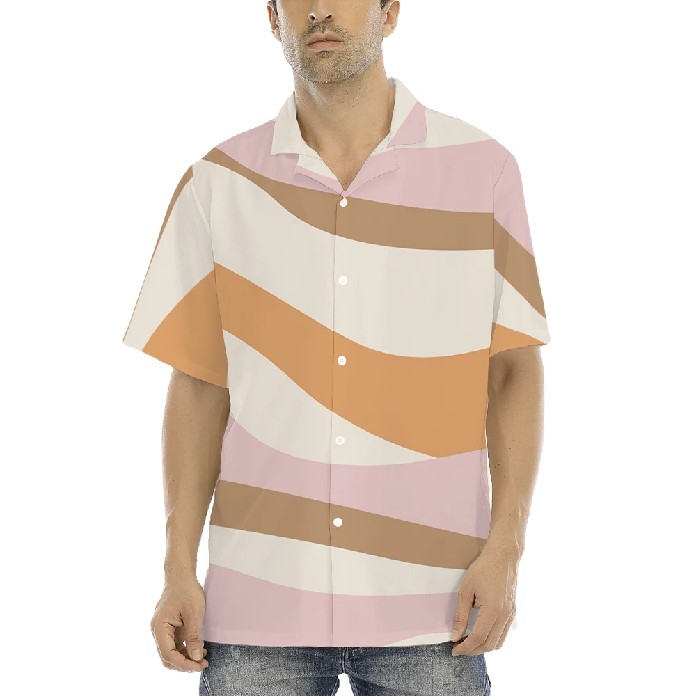 3D Printed  Shirt For Men Colorful Striped Pattern T-Shirts Summer Loose Street Lapel Top Button Short Sleeve Tees