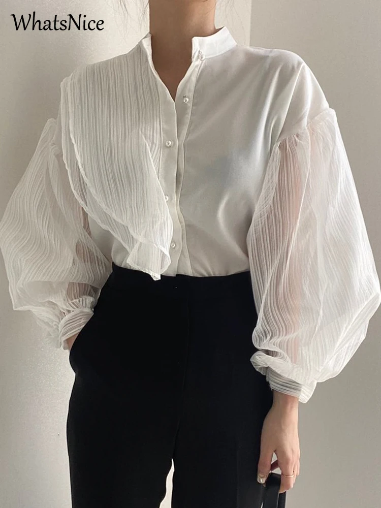 

New Superior Design Fashion Bishop Sleeve Women Shirts Blouses Ladies Tops Female Casual Girls Cute Lace Panel Woman Blouse