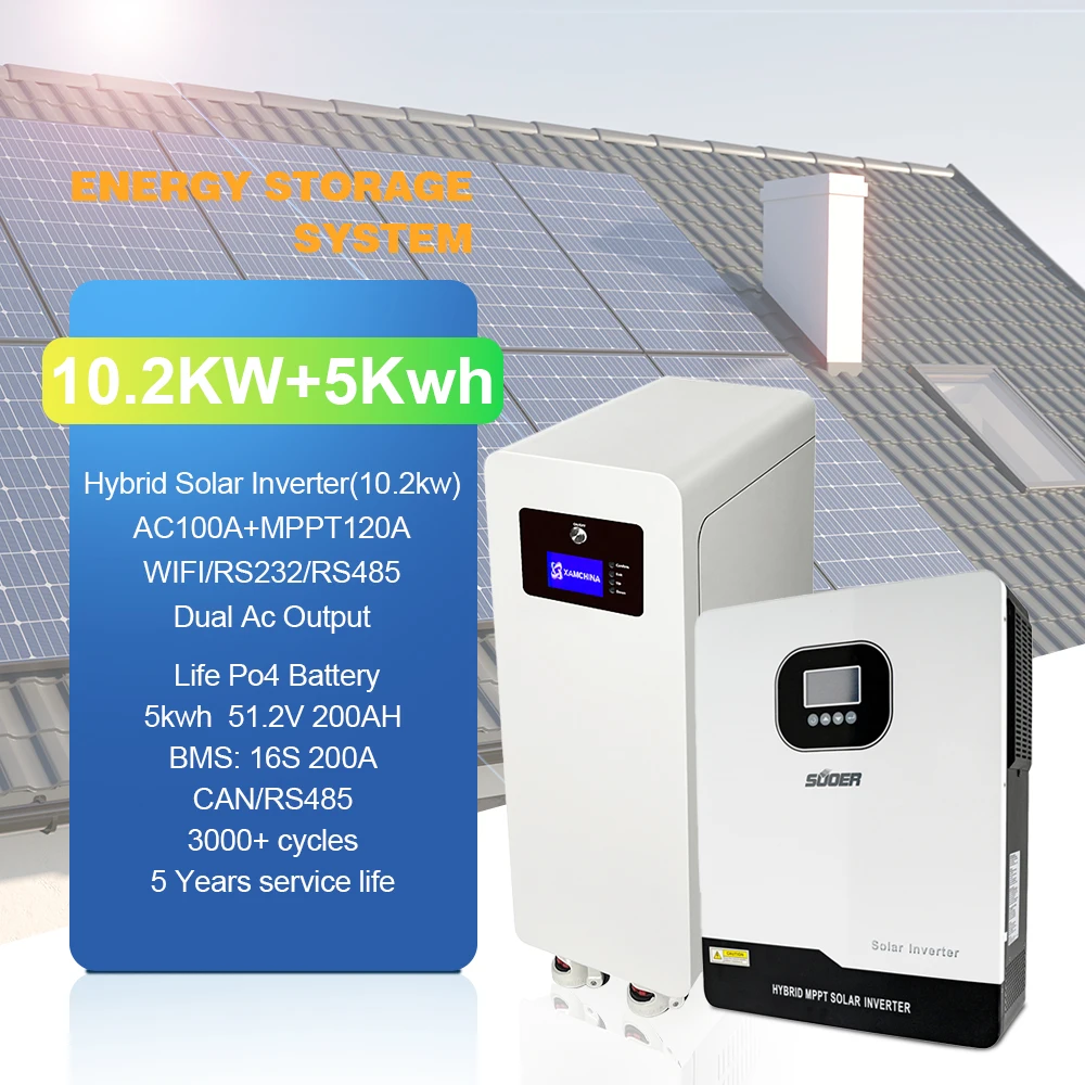 New 10.2kW Hybrid Solar Off-Grid Inverter System 10kWh 200Ah LiFePO4 Battery Split Stackable CAN Communication Port