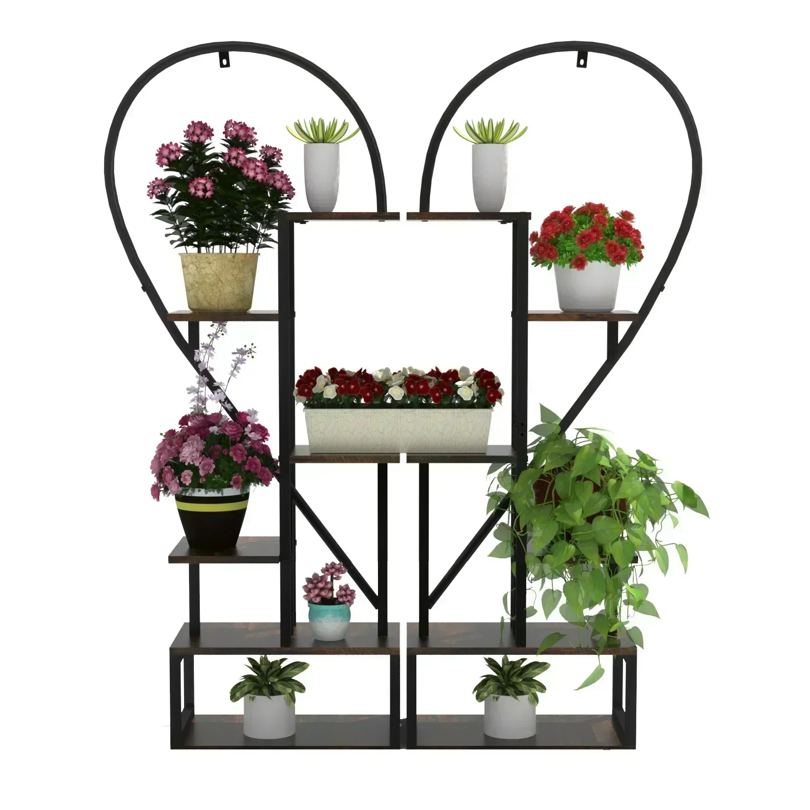 

Half Heart Shaped Metal Plant Stand, Garden Display Shelf with Hooks, Home Patio, Lawn Flowers, 2 Pack