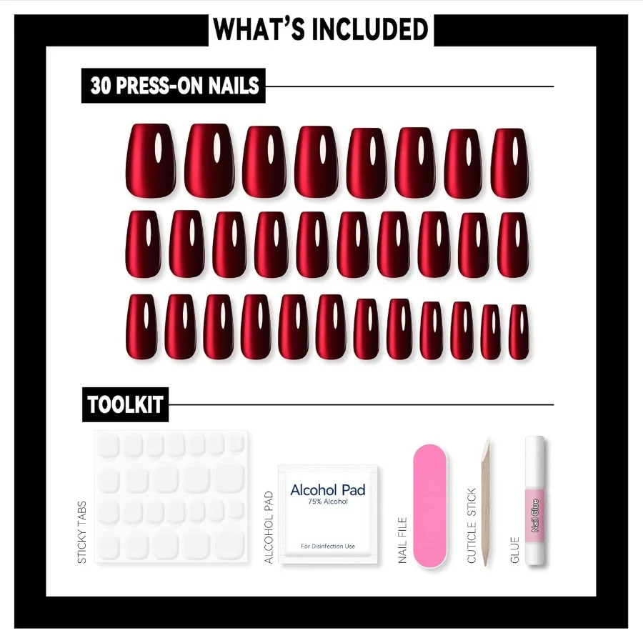 True Ruby Red Press on Nails for Women with Magnetic Cherry Shimmer and UV Finish in Medium Coffin Shape Ideal for Daily Wear P