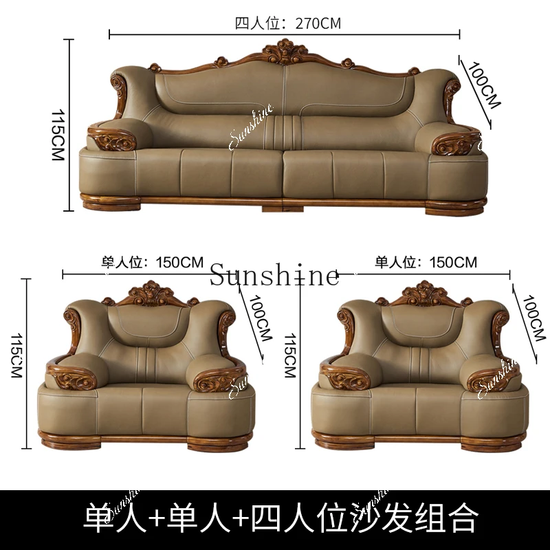 Villa European leather sofa first layer cowhide large apartment solid wood 124 combination high-end luxury furniture  FT