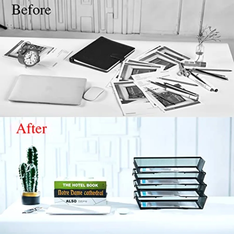 4 Tier Metal Mesh Desk Organizer with Stackable Letter Trays for Office Supplies Storage Black File Storage System Featuring Re