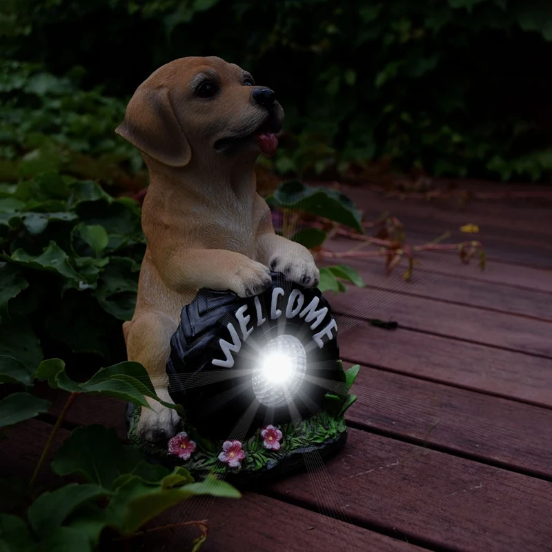 Solar Garden Dog Statue Welcome Sign With LED Lights Resin Solar Powered Puppy Figurine Decorative Sculpture For Patio Durable