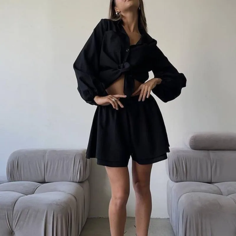 Women Casual Cozy Lapel Loose Shirt Short Sets Single Breasted Blouses Elastic Waist Baggy Fashion Shorts Suits 2 Piece Sets