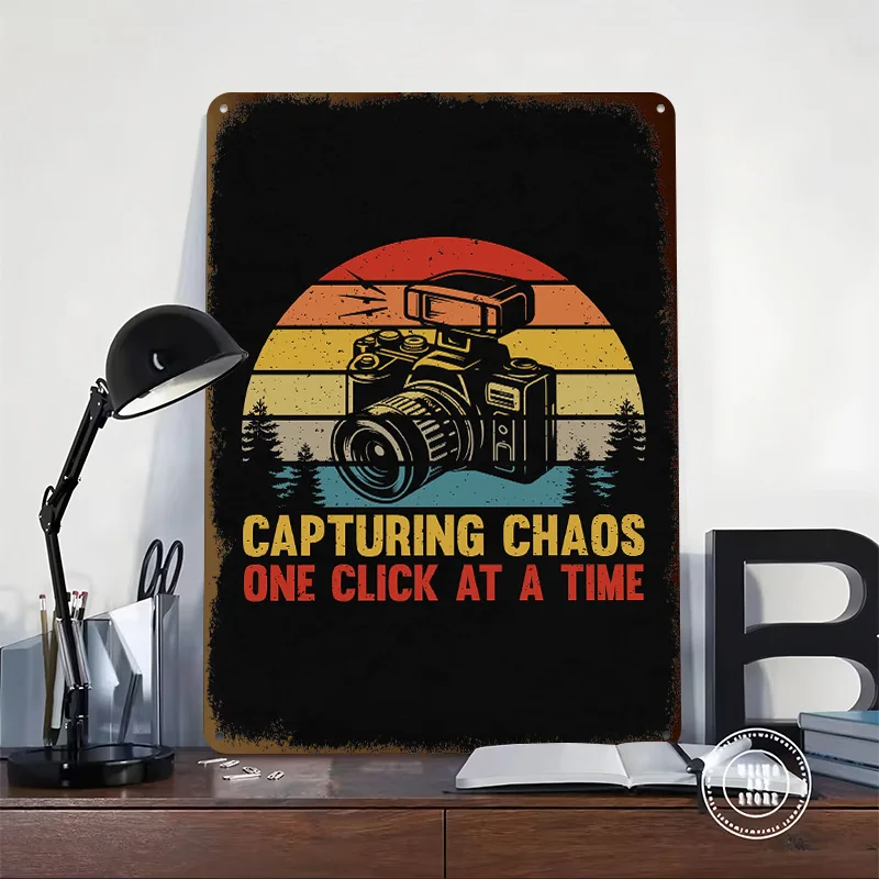 Capturing Chaos Retro Photographer Printing Poster Customized Retro Wall Art Vintage Metal Signs for Home Decoration Ornaments