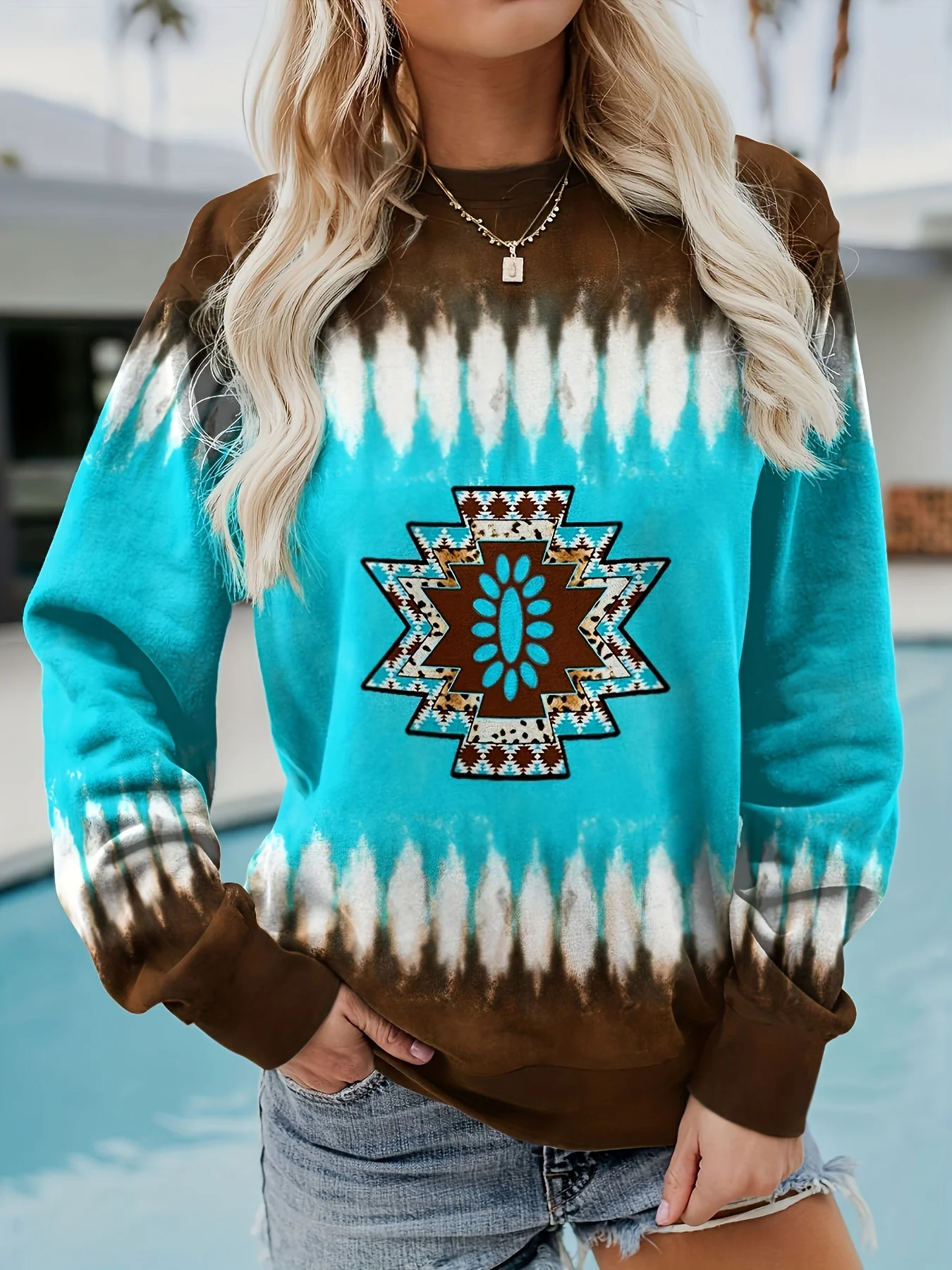 レディース ウエスタン エスニック プリント 薄手 スウェットシャツ レトロ 幾何学模様 ラウンドネック 長袖 トップス