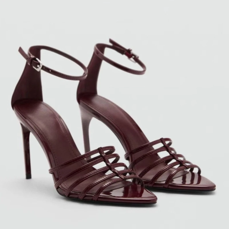 Sexy Burgundy Narrow Band High Heel Sandals Women Fashion Ankle Strap Buckle Thin Heel Designer Shoes Elegant Zapatos De Mujer