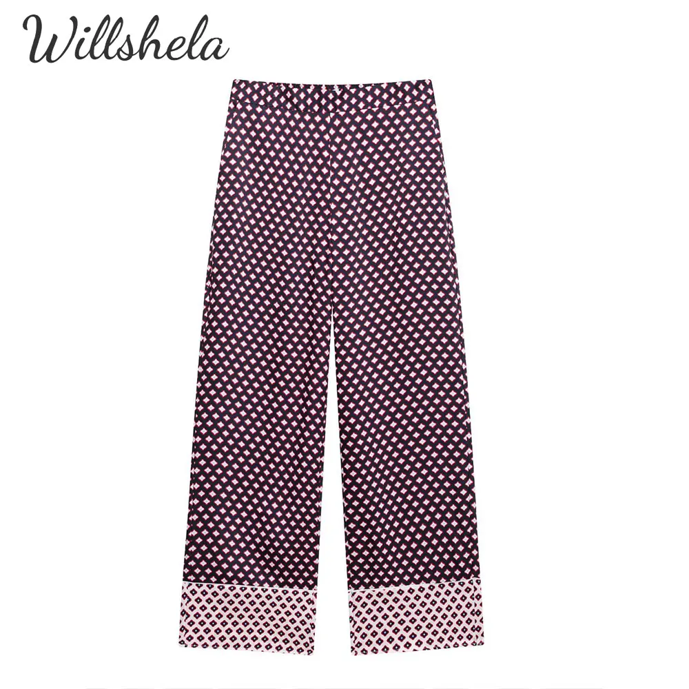 

Willshela Women Fashion Geometric Printed Casual Straight Pant Elastic Waist Female Chic Lady Long Suit Trousers