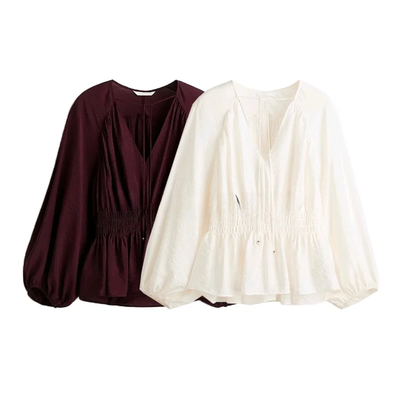 

Autumn New Women's V-ne Long Sve Pleated Polyester Blend irt Loose Fit Commute Sle Faion Top Skin-friendly Breathable