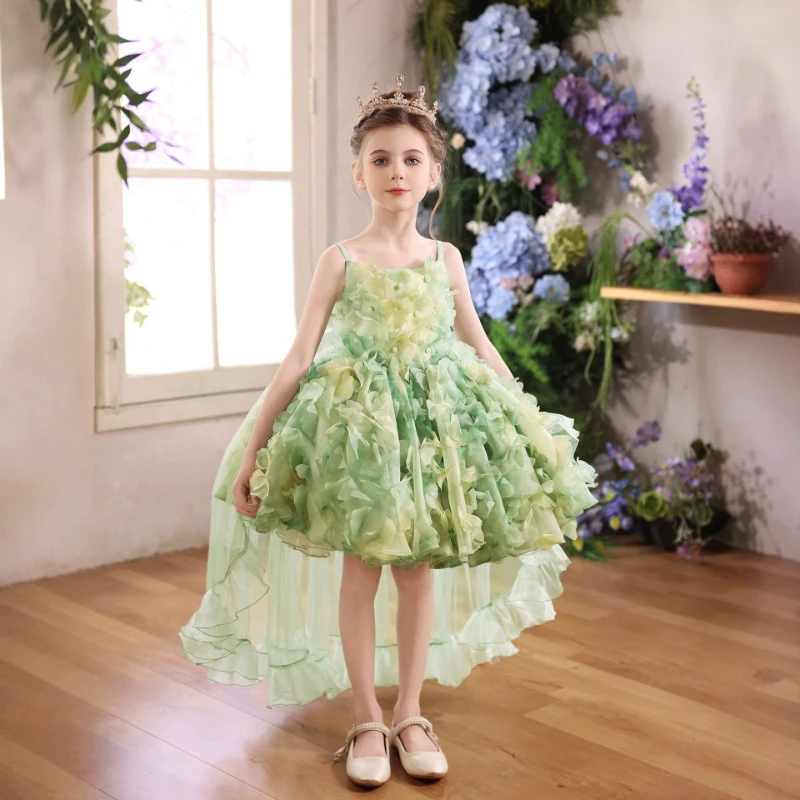 

Children Girls New Green Princess Dress Costume Kids Birthday Party Fashion Formal Host Piano Performance Pageant Gown Outfit