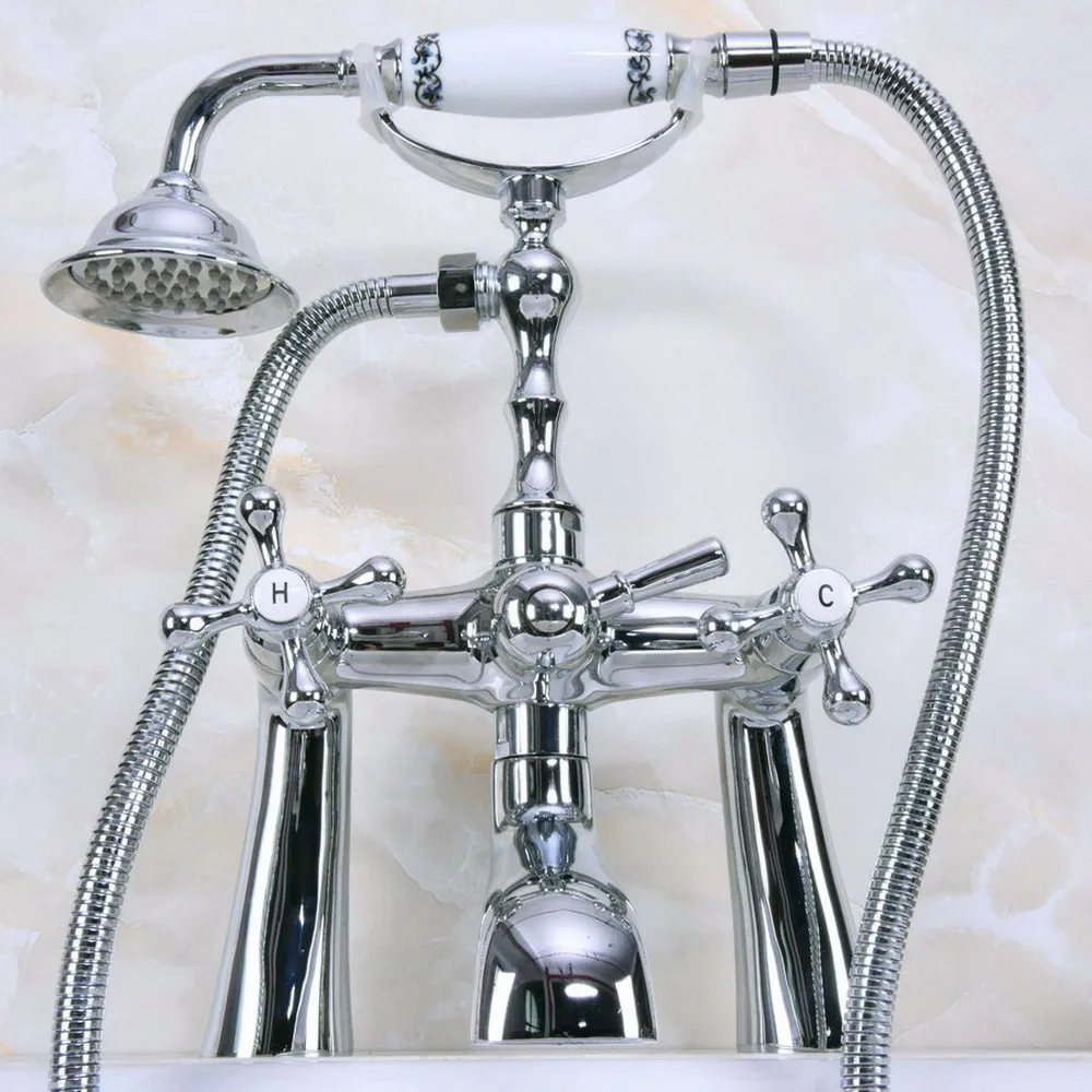 Double  Double Cross Handles Deck Mounted Bathroom Clawfoot Bathtub Tub Faucet Mixer Tap w/Hand Showe Lna126