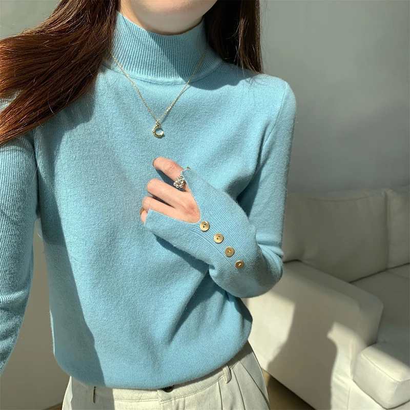 

Half Turtleneck Sweater Women Korean Black Knitted Pullover Fashion Long Sleeve Knitwear Fall Winter Chic Buttons Slim Jumpers