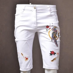 Short Jeans Pants for Men Bermuda Multi Color Embroidery Long Man Denim Shorts Half Stretchable Wih Zipper Y2k Fashion Thin Xl