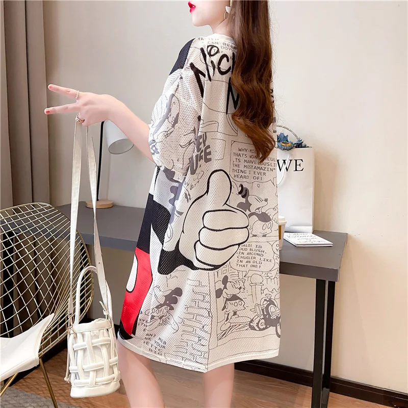 Nightdress Summer Loose Casual Homewear Women's Short Sleeve Pajamas Cartoon Mickey Mouse Mesh Breathable Quick Dry Dress