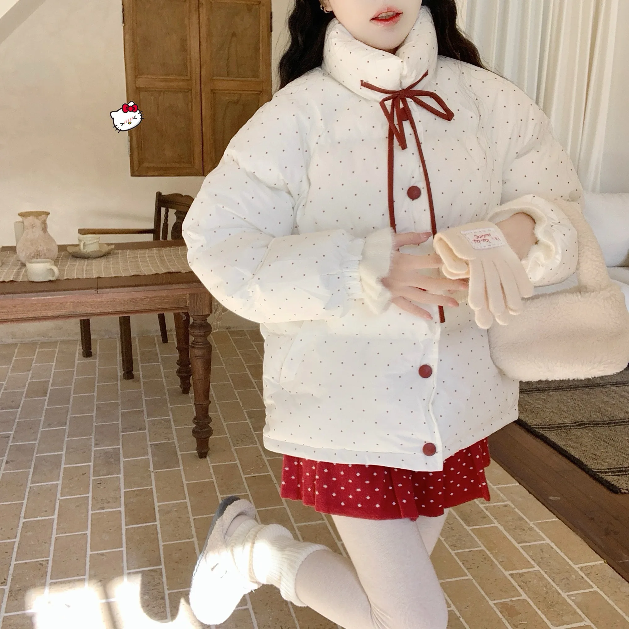 

Sweet Korean Sle Red Polka Dot Bow Tie Cotton Padded Jaet Color Blo Bread Sle Women Winter Coat Thiened Long Sve