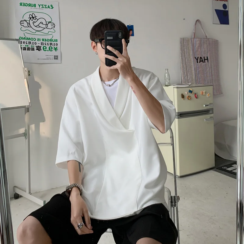 Summer Black White Pullover Shirt Men Fashion Oversized Casual Shirt Men Korean Loose Short Sleeve Shirts Mens Dress Shirt M-2XL