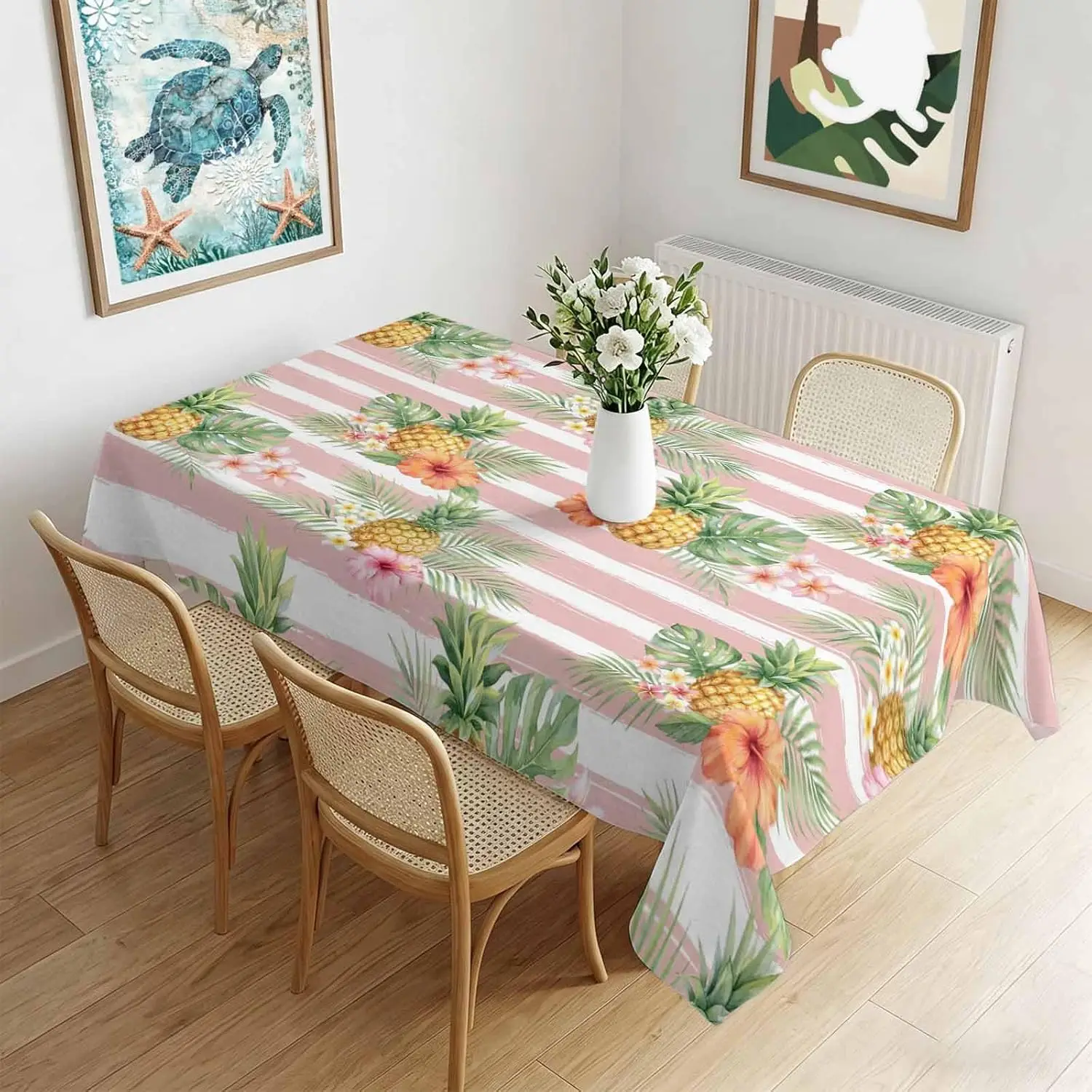 Summer Fruit Pineapple Print Tablecloth for Table Decor Tropical Palm Leaves Pink White Striped Table Cloth Holiday Party Decor
