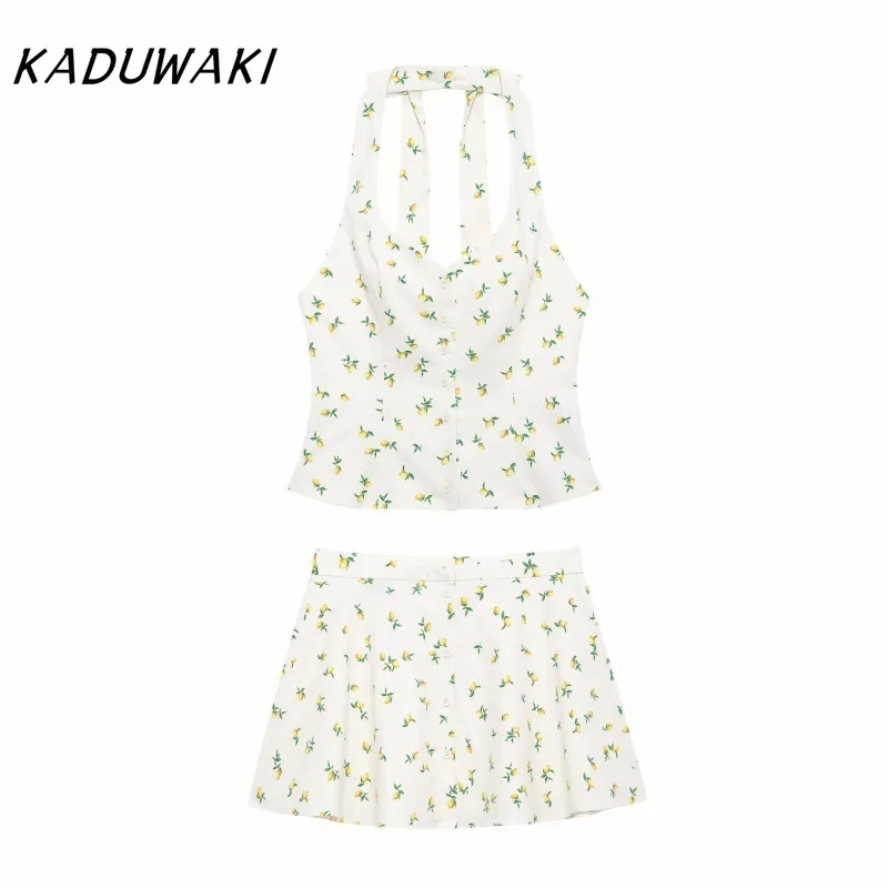 

KADUWAKI Women's Suit Spring New Bow Embellished Halterneck Top Lemon Print Mini Skirt Cute Spice Fresh Sexy Two Piece Sets Y2k