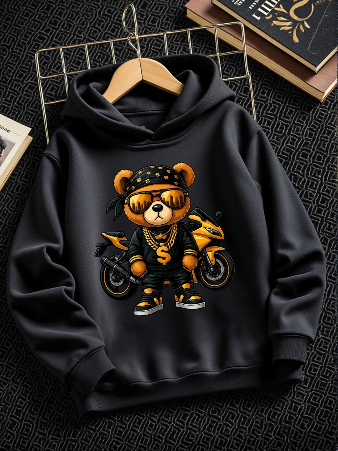 Kids Boys Cool Teddy Bear Graphic Hoodie Grey Printed Hip Hop Sweatshirt School Clothes Birthday Present Autumn Winter Tops
