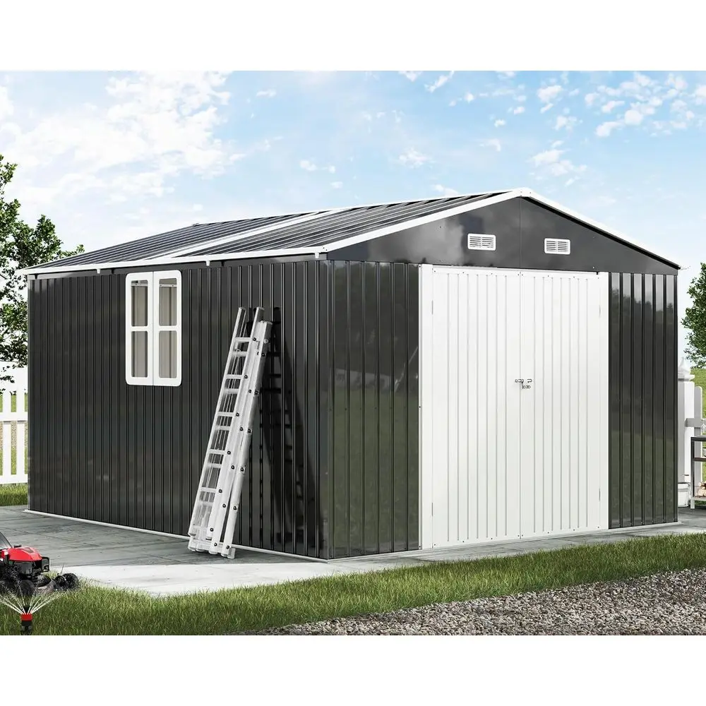 

7x12x10 ft Metal Outdoor Storage Shed with 2 Clear Panels, Hinged Doors, 2 Windows, 4 Vents, Reinforced Steel, Suitable for Gard