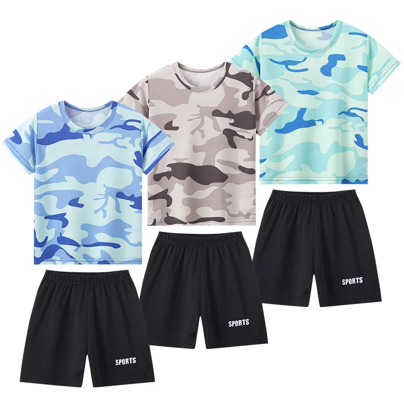 2-Piece Children's Short-sleeved Shorts Camouflage Quick-drying Suit Boy Breathable Mesh Sports Shirt Girl Joker Running Pants