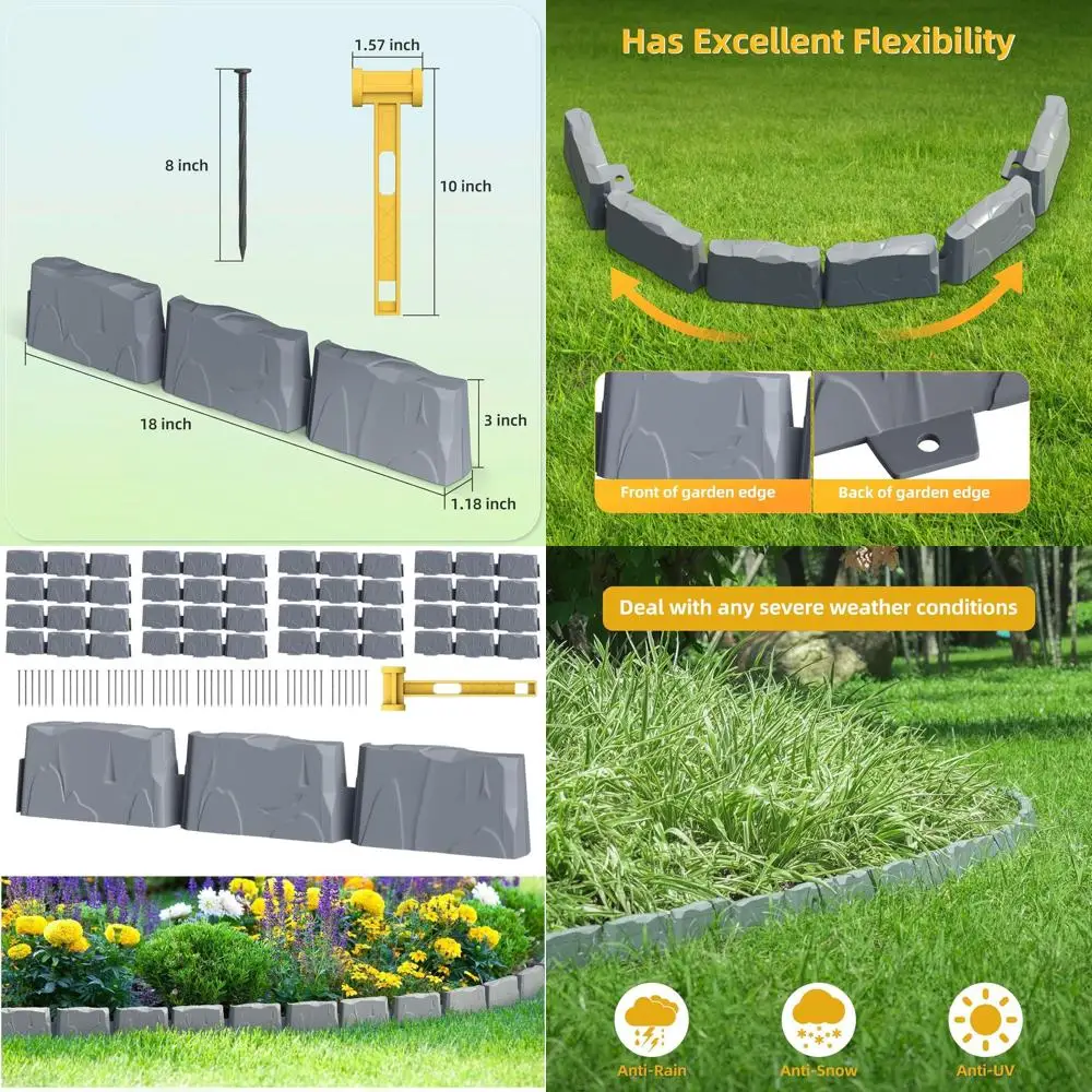

24-Foot 3-Inch Tall Dark Grey Faux Stone Landscape Edging with 48 8-Inch Spikes for Lawn, Flower Beds, and Weed Control