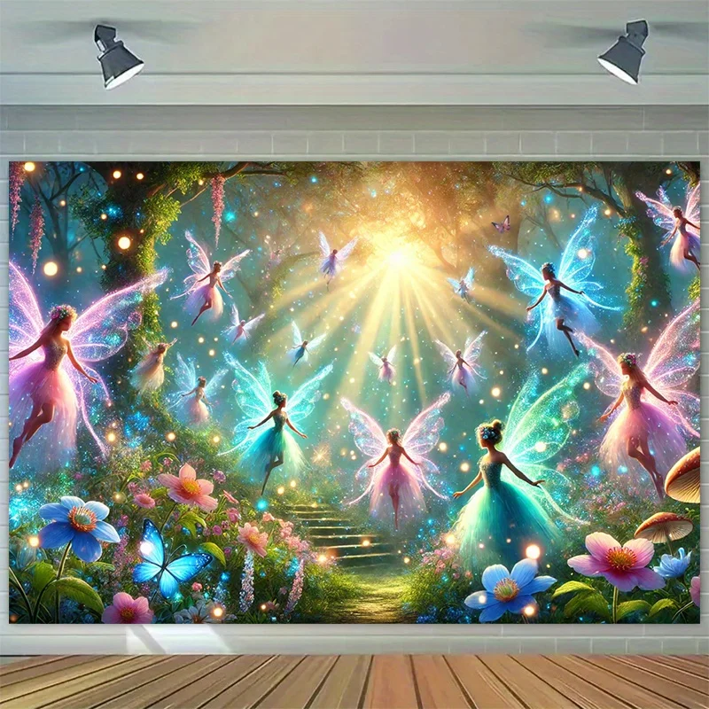 VIKAMA Enchanted Forest Fairy Wandbehang Geburtstagsparty Studio Dekor Wandteppich für Wohnzimmer oder Schlafzimmer Wandhintergrund